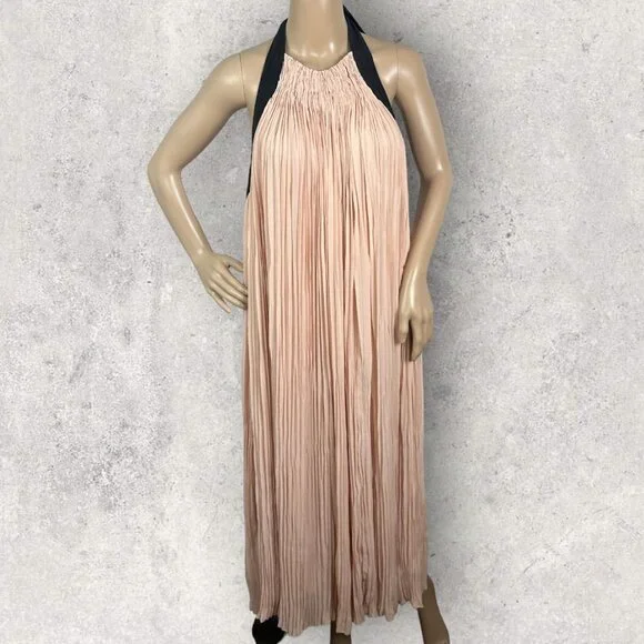 Aritzia Le Fou Couvin Dress Blush‎ Pink Black Silk Size XXS Halter Maxi Bohemian - Picture 3 of 12